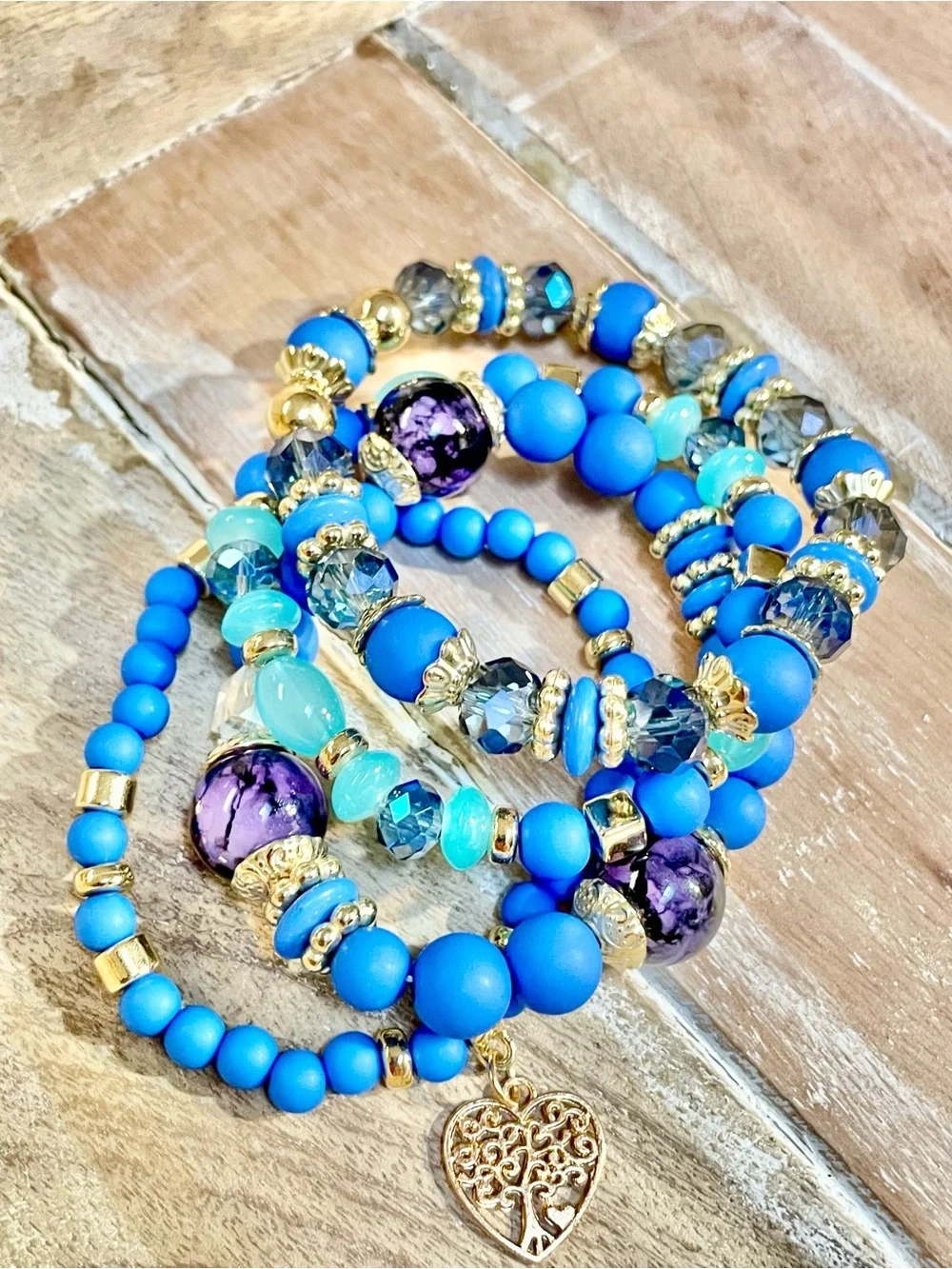 Stackable Blue and Aqua Beaded Bracelet Set with Gold Heart Charm